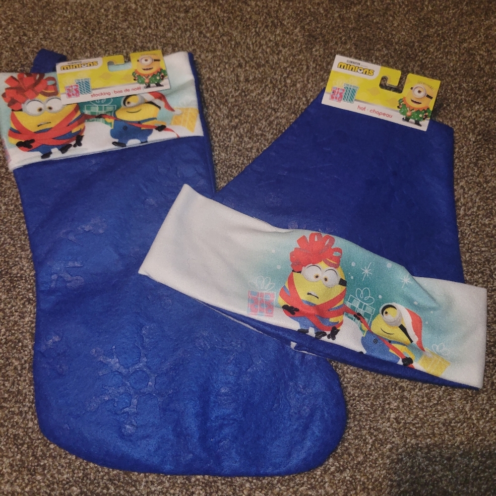 Minions Blue Christmas Stocking and hat set
